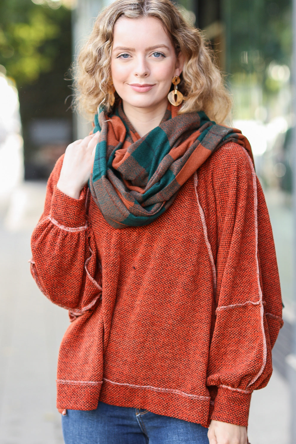 Rust & Green Plaid Frayed Scarf