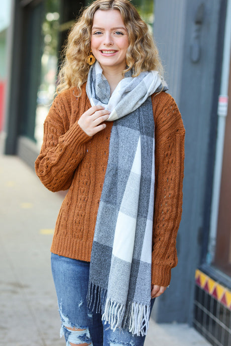 Keep Me Cozy Charcoal Grey Check Fringe Scarf