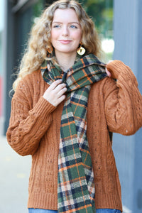 Army Green Taupe & Orange Plaid Frayed Scarf