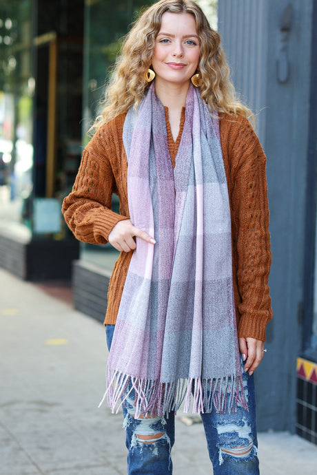 Keep Me Cozy Wine & Blush Check Fringe Scarf