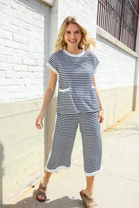 Casual Chic Navy/White Stripe Dolman Short Sleeve Terry Top