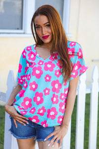 Spring Vibes Blue & Pink Floral Print V Neck Short Sleeve Top