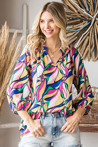 Be Bold Frill Notch Neck Abstract Print Three-Quarter Sleeve Blouse