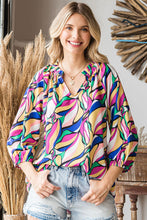 Be Bold Frill Notch Neck Abstract Print Three-Quarter Sleeve Blouse