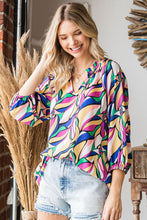 Be Bold Frill Notch Neck Abstract Print Three-Quarter Sleeve Blouse