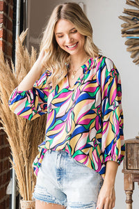 Be Bold Frill Notch Neck Abstract Print Three-Quarter Sleeve Blouse