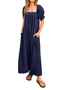 KIRUNDO 2023 Women's Summer Puff Sleeve Square Neck Loose Maxi Dress Pocketed Babydoll Maternity Dress Casual Long Dresses(Navy, Large)