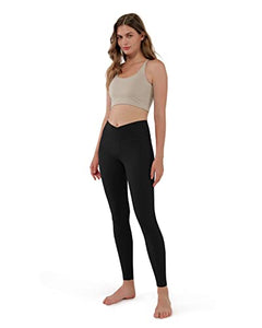 ODODOS Women's Cross Waist Yoga Leggings with Inner Pocket, Non See-Through Workout Running Tights Athletic Pants-Inseam 28", Black, Small