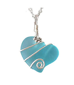 Yinahawaii Handmade Sea Glass Necklace, Hawaiian Jewelry For Women, Wire Heart Necklace Turquoise Bay Blue Necklace, Beach Jewelry Sea Glass Jewelry For Women Birthday Gift (December Birthstone)