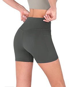 ODODOS Women's 5" Crossover Yoga Shorts with Pockets, High Waist Sports Athletic Workout Running Biker Shorts, Charcoal, X-Large