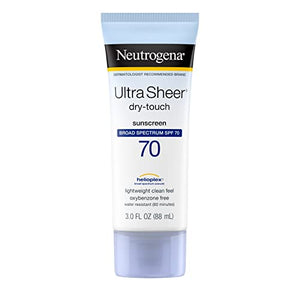 Neutrogena Ultra Sheer Dry-Touch Sunscreen Lotion, Broad Spectrum SPF 70 UVA/UVB Protection, Lightweight Water Resistant, Non-Comedogenic & Non-Greasy, Travel Size, 3 fl. oz