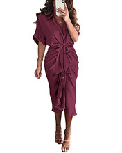 BTFBM Women 2023 Button Down Ruched Shirt Dresses Short Sleeve Lapel V Neck Elegant Party Spring Summer Maxi Satin Dress(Short Sleeve Purple Red, Large)