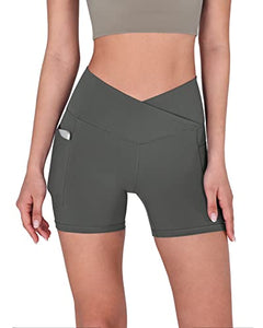 ODODOS Women's 5" Crossover Yoga Shorts with Pockets, High Waist Sports Athletic Workout Running Biker Shorts, Charcoal, X-Large