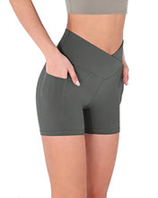 ODODOS Women's 5" Crossover Yoga Shorts with Pockets, High Waist Sports Athletic Workout Running Biker Shorts, Charcoal, X-Large