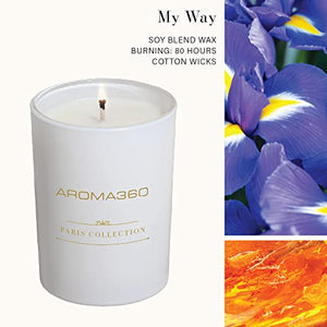 Aroma360 - My Way - Paris Collection Candle Duo - Luxury Scented Candles with Essential Oils - Lush Sandalwood, Warm Virginia Cedar & Iris - Aromatherapy - Soy Candles - 80hr Burn - 11 oz - Set of 2