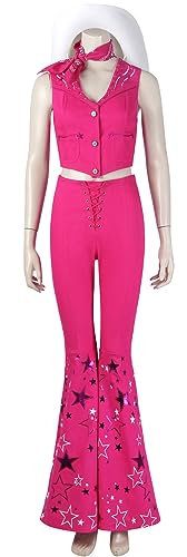 Zhazieon Bar-bie Ken Cowboy Outfit Hat Kids Bar-bie 70s 80s Hippie Disco Costume Pink Flare Pant Cowgirl Jumpsuit (Pink-Adult, 3X-Large)