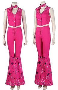 Zhazieon Bar-bie Ken Cowboy Outfit Hat Kids Bar-bie 70s 80s Hippie Disco Costume Pink Flare Pant Cowgirl Jumpsuit (Pink-Adult, 3X-Large)