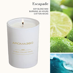 Aroma360 - Escapade - Paris Collection Candle Trio - Luxury Scented Candles with Essential Oils - Lemon, Ocean, Bergamot & Fragrant Jasmine - Aromatherapy - Soy Candles - 80hr Burn - 11 oz - Set of 3