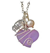 Yinahawaii Handmade Sea Glass Necklace, Hawaiian Jewelry for Women, Wire Heart Necklace "Magical Color Changing" Purple Necklace, Hibiscus Pearl Necklace, Beach Jewelry, (February Birthstone Jewelry)