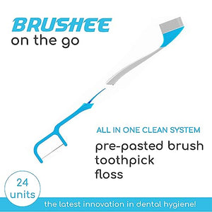 Brushee - The Evolution of Oral Care | 3-in-1 Tool (Pre-Pasted Mini-Brush + Floss + Pick) | Individually Wrapped | Disposable | Prepasted Travel Toothbrushes | Small Adult Toothbrush - (24-Pack)