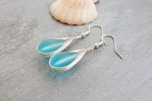 Yinahawaii Handmade Sea Glass Earrings, Hawaiian Jewelry, Braided Turquoise Earrings Blue Earrings Teardrop Earrings, Beach Jewelry Sea Glass Jewelry For Women Birthday Gift (December Birthstone Gift)