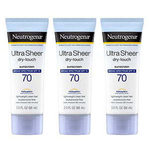 Neutrogena Ultra Sheer Dry-Touch Sunscreen Lotion, Broad Spectrum SPF 70 UVA/UVB Protection, Lightweight Water Resistant, Non-Comedogenic & Non-Greasy, Travel Size, 3 fl. oz