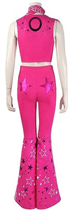 Zhazieon Bar-bie Ken Cowboy Outfit Hat Kids Bar-bie 70s 80s Hippie Disco Costume Pink Flare Pant Cowgirl Jumpsuit (Pink-Adult, 3X-Large)