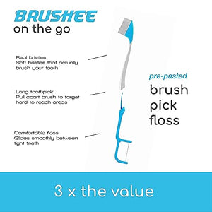 Brushee - The Evolution of Oral Care | 3-in-1 Tool (Pre-Pasted Mini-Brush + Floss + Pick) | Individually Wrapped | Disposable | Prepasted Travel Toothbrushes | Small Adult Toothbrush - (24-Pack)