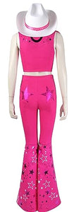 Zhazieon Bar-bie Ken Cowboy Outfit Hat Kids Bar-bie 70s 80s Hippie Disco Costume Pink Flare Pant Cowgirl Jumpsuit (Pink-Adult, 3X-Large)