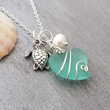 Yinahawaii Handmade Sea Glass Necklace, Hawaiian Jewelry for Women, Wire Heart Necklace Aquamarine Necklace, Pearl Turtle Necklace, Sea Glass Jewelry, Unique Birthday Gift For Women (March Birthstone)