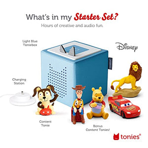 Toniebox Audio Player Starter Set with Woody, Lightning McQueen, Simba, Winnie-The-Pooh, and Playtime Puppy - Listen, Learn, and Play with One Huggable Little Box - Light Blue