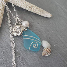 Yinahawaii Handmade Sea Glass Necklace, Hawaiian Jewelry For Women, Wire Turquoise Bay Blue Necklace Hibiscus Pearl Necklace, Beach Jewelry Sea Glass Jewelry Birthday Gift (December Birthstone)