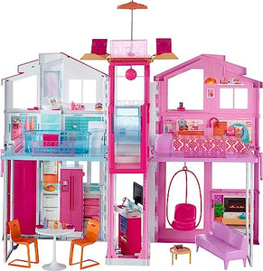 Barbie 3-Story Townhouse Dollhouse with Elevator, Swing Chair, Furniture and Accessories, Fold for Portability and Travel (Amazon Exclusive)