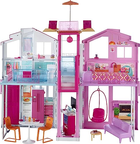 Barbie 3-Story Townhouse Dollhouse with Elevator, Swing Chair, Furniture and Accessories, Fold for Portability and Travel (Amazon Exclusive)