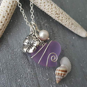 Yinahawaii Handmade Sea Glass Necklace, Hawaiian Jewelry for Women, Wire Heart Necklace "Magical Color Changing" Purple Necklace, Hibiscus Pearl Necklace, Beach Jewelry, (February Birthstone Jewelry)