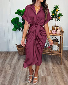 BTFBM Women 2023 Button Down Ruched Shirt Dresses Short Sleeve Lapel V Neck Elegant Party Spring Summer Maxi Satin Dress(Short Sleeve Purple Red, Large)