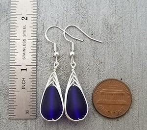 Yinahawaii Handmade Sea Glass Earrings, Hawaiian Jewelry for Women, Braided Deep Cobalt Blue Earrings, Unqiue Earrings Beach Jewelry, Sea Glass Jewelry For Women Birthday Gift (Septermber Birthstone)