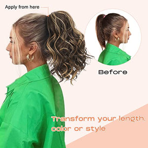 SEIKEA 10" Highlight Ponytail Extension Claw Short Thick Wavy Curly Jaw Clip in Fake Pony Tails Fake Hair Soft Natural Looking Synthetic Hairpiece for Women Medium Blonde with White Blonde Highlights