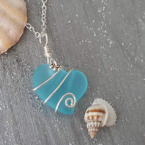 Yinahawaii Handmade Sea Glass Necklace, Hawaiian Jewelry For Women, Wire Heart Necklace Turquoise Bay Blue Necklace, Beach Jewelry Sea Glass Jewelry For Women Birthday Gift (December Birthstone)