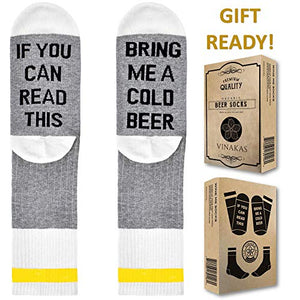 VINAKAS BEER GIFTS FOR MEN - Funny Socks If You Can Read This Bring Me a Cold Beer. Funny Gift for Dad. Quality Cotton Dad Socks or Gifts for Beer Lovers. Beer Gifts for Dad