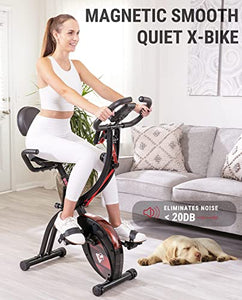 HAPBEAR Folding Exercise Bike Magnetic Foldable Stationary Bike, 3 in 1 Mode Indoor Upright Fitness Workout X-Bike with 8-Level Resistance and Arm Resistance Band, Pulse Sensor,LCD Monitor