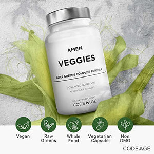 Amen Veggies, Daily Veggies Vitamins Supplement, Vegetables Vegan Blend & Whole-Food Raw Greens Multivitamin Capsules, Mushroom Complex, Superfood, Minerals, Green Vegetable Nutrients, Non-GMO, 90 ct