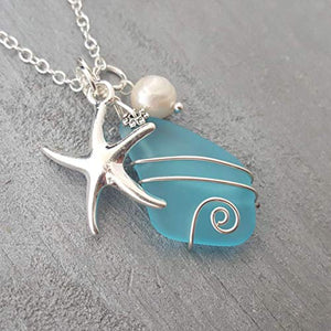 Yinahawaii Sea Glass Necklace, Hawaiian Jewelry For Women, Wire Turquoise Blue Necklace, Pearl Starfish Necklace Beach Jewelry, Sea Glass Jewelry Beach Necklace, Birthday Gift (December Birthstone)