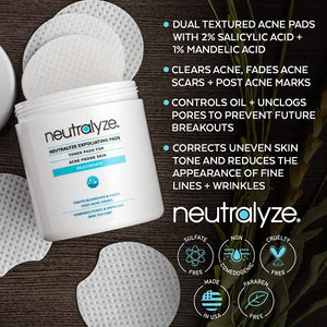 Neutralyze Exfoliating Acne Wipes - Maximum Strength, Dual Textured Acne Pads for Face & Back - Medical Grade 2% Mandelic Acid & Salicylic Acid Pads - Acne Cleansing Pads (100 Acne Face Wipes)