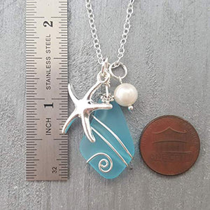 Yinahawaii Sea Glass Necklace, Hawaiian Jewelry For Women, Wire Turquoise Blue Necklace, Pearl Starfish Necklace Beach Jewelry, Sea Glass Jewelry Beach Necklace, Birthday Gift (December Birthstone)