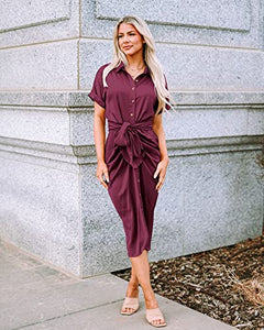 BTFBM Women 2023 Button Down Ruched Shirt Dresses Short Sleeve Lapel V Neck Elegant Party Spring Summer Maxi Satin Dress(Short Sleeve Purple Red, Large)