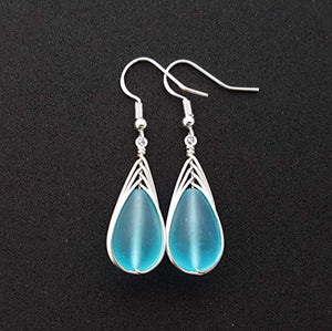 Yinahawaii Handmade Sea Glass Earrings, Hawaiian Jewelry, Braided Turquoise Earrings Blue Earrings Teardrop Earrings, Beach Jewelry Sea Glass Jewelry For Women Birthday Gift (December Birthstone Gift)