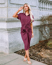 BTFBM Women 2023 Button Down Ruched Shirt Dresses Short Sleeve Lapel V Neck Elegant Party Spring Summer Maxi Satin Dress(Short Sleeve Purple Red, Large)