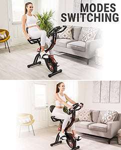 HAPBEAR Folding Exercise Bike Magnetic Foldable Stationary Bike, 3 in 1 Mode Indoor Upright Fitness Workout X-Bike with 8-Level Resistance and Arm Resistance Band, Pulse Sensor,LCD Monitor