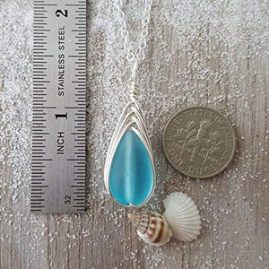 Yinahawaii Handmade Sea Glass Necklace, Hawaiian Jewelry For Women, Braided Teardrop Necklace Turquoise Necklace Blue Necklace, Unique Sea Glass Jewelry For Women Birthday Gift (December Birthstone)